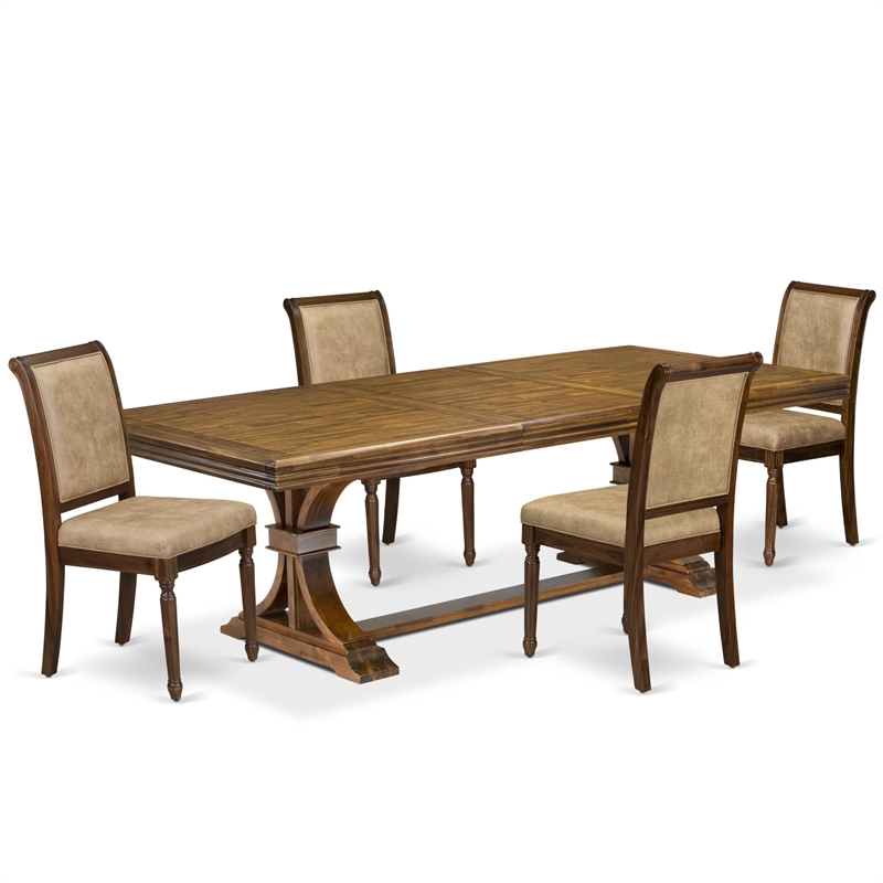 Pemberly Row 5-Piece Walnut Dining Set with Removable Leaf and Beige Chairs