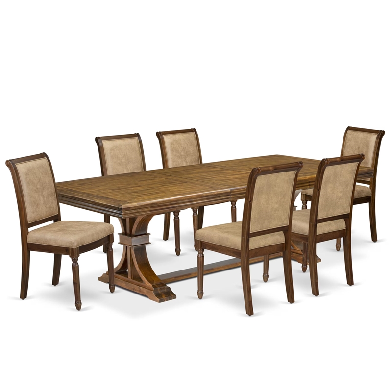 Pemberly Row 7-Piece Dining Table Set in Walnut Finish with Wood Chairs