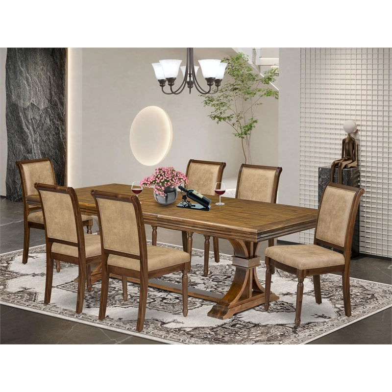 Pemberly Row 7-Piece Dining Table Set in Walnut Finish with Wood Chairs