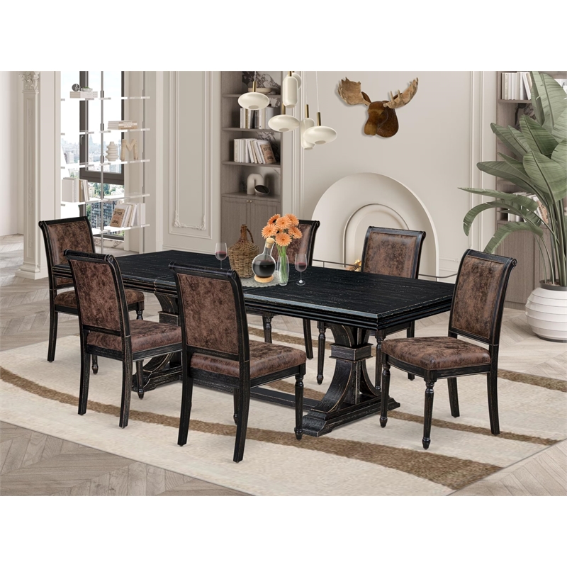 Pemberly Row 7-Piece Dining Table Set in Black Finish with Wooden Chairs