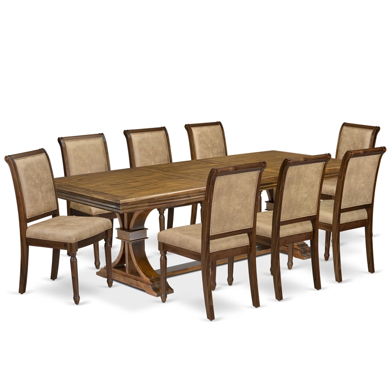 Pemberly Row 9-Piece Dining Table Set in Walnut Finish with Wood Chairs