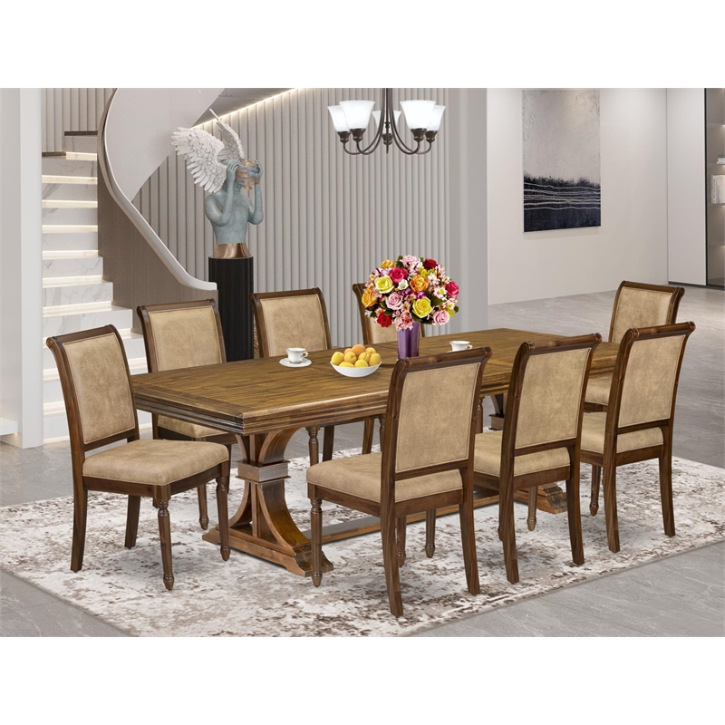 Pemberly Row 9-Piece Dining Table Set in Walnut Finish with Wood Chairs