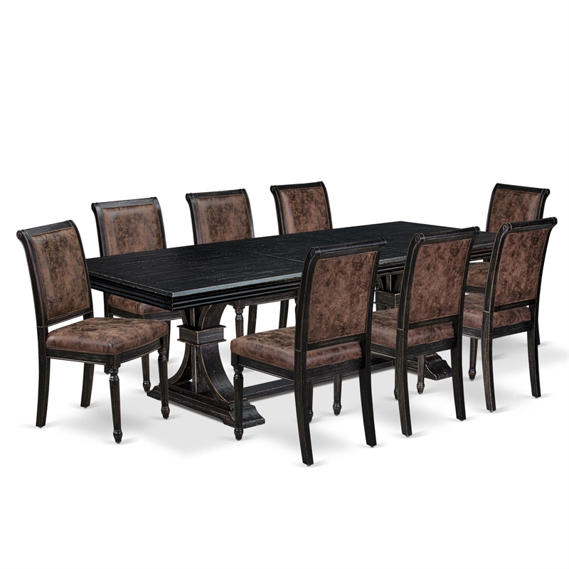 Pemberly Row 9-Piece Dining Table Set in Black Finish with Wooden Chairs