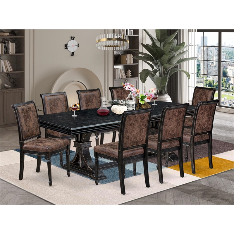 Pemberly Row 9-Piece Dining Table Set in Black Finish with Wooden Chairs