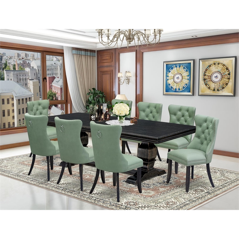 Pemberly Row 9-Piece Dining Set with Sand Blasting Black Wood Finish