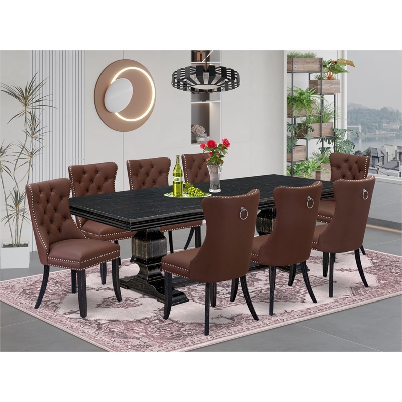 Pemberly Row 9-Piece Black Acacia Wood Dining Set with Table Leaf and Chairs