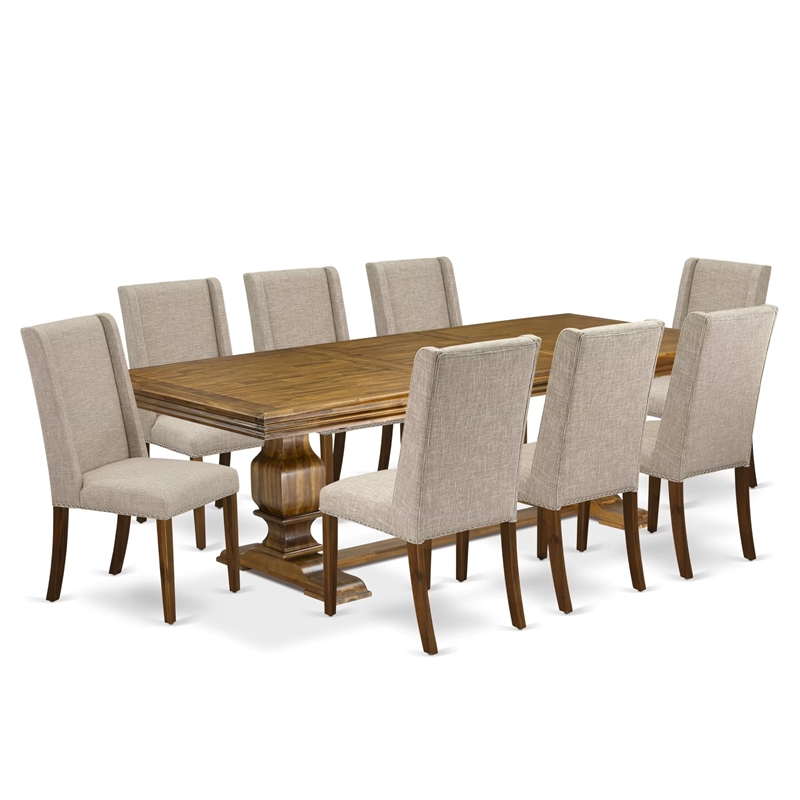 Pemberly Row 9-Piece Dining Table Set in Walnut Finish with Linen Chairs