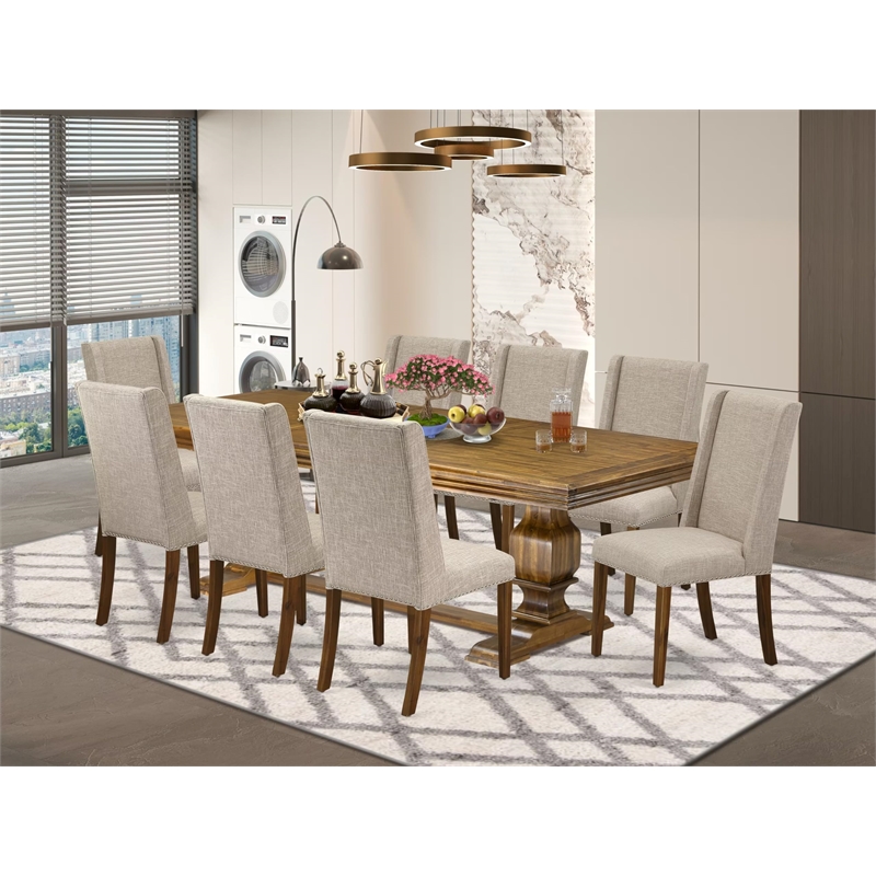 Pemberly Row 9-Piece Dining Table Set in Walnut Finish with Linen Chairs