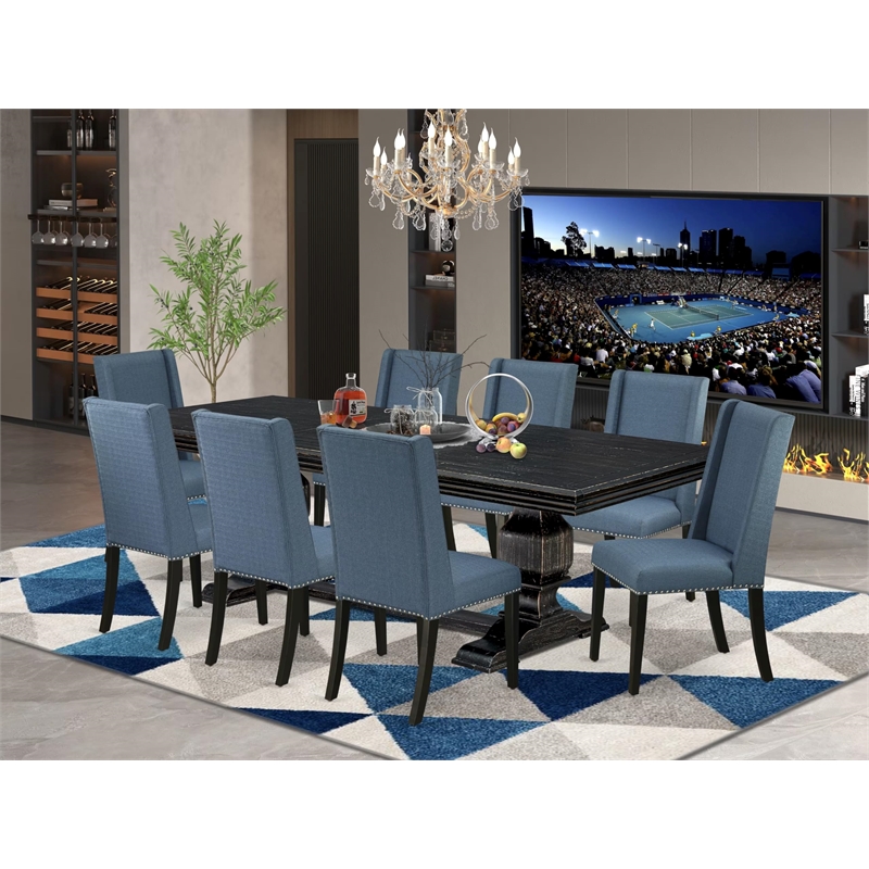 Pemberly Row 9-Piece Kitchen Table Set in Black Finish with Linen Chairs