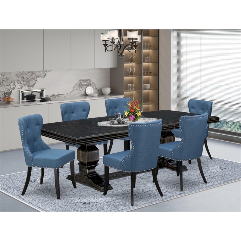 Pemberly Row 7-Piece Dining Set with Black Finish Wood Table & Chairs