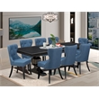 Pemberly Row 9-Piece Dining Set in Black Sand Blasting Finish & Blue Chairs