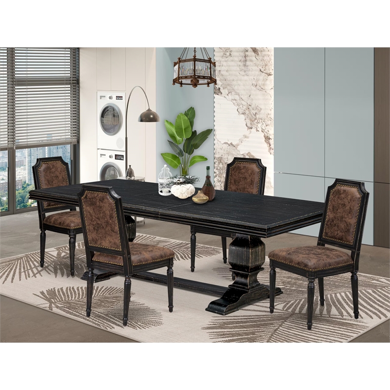 Pemberly Row 5-Piece Dining Set with Black Finish and Brown Upholstery