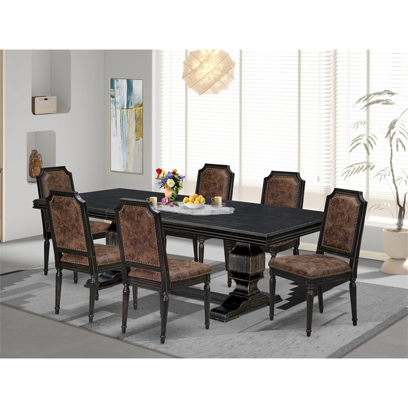 Pemberly Row 7-Piece Dining Table Set with PU Leather Chairs in Black
