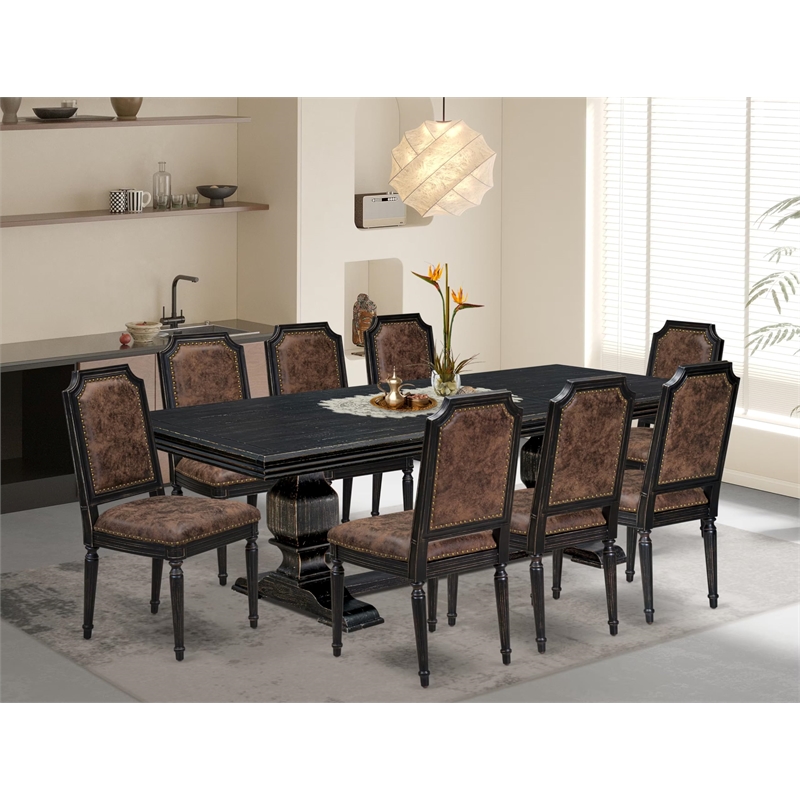 Pemberly Row 9-Piece Dining Table Set with PU Leather Chairs in Black