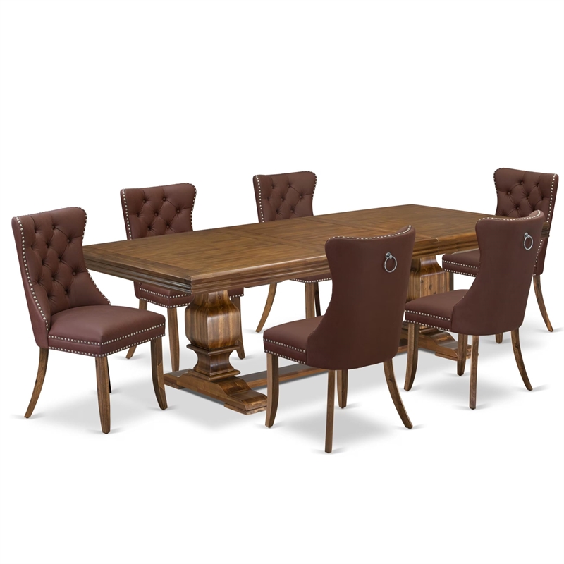 Pemberly Row 7-Piece Dining Table Set in Walnut with Faux Leather Chairs
