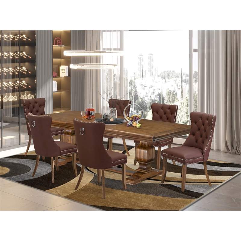 Pemberly Row 7-Piece Dining Table Set in Walnut with Faux Leather Chairs