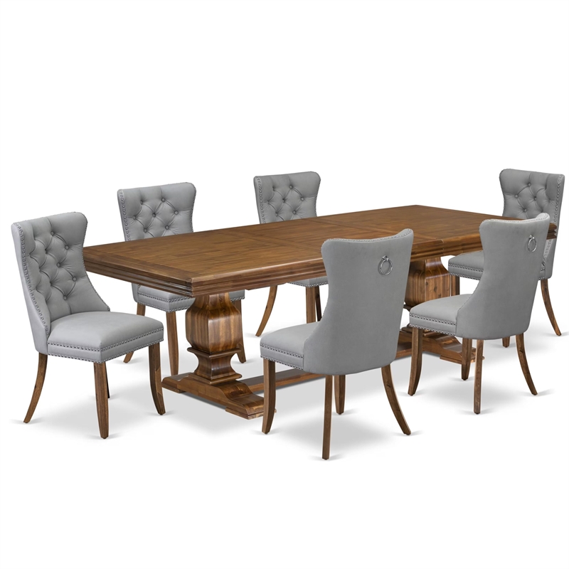 Pemberly Row 7-Piece Dining Table Set in Walnut with Gray Faux Leather