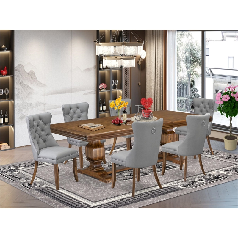 Pemberly Row 7-Piece Dining Table Set in Walnut with Gray Faux Leather