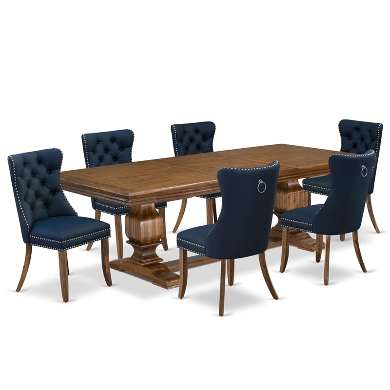 Pemberly Row 7-Piece Dining Table Set in Walnut with Navy Blue Upholstery