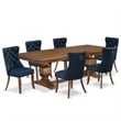 Pemberly Row 7-Piece Dining Table Set in Walnut with Navy Blue Upholstery