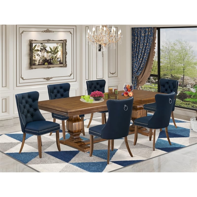 Pemberly Row 7-Piece Dining Table Set in Walnut with Navy Blue Upholstery