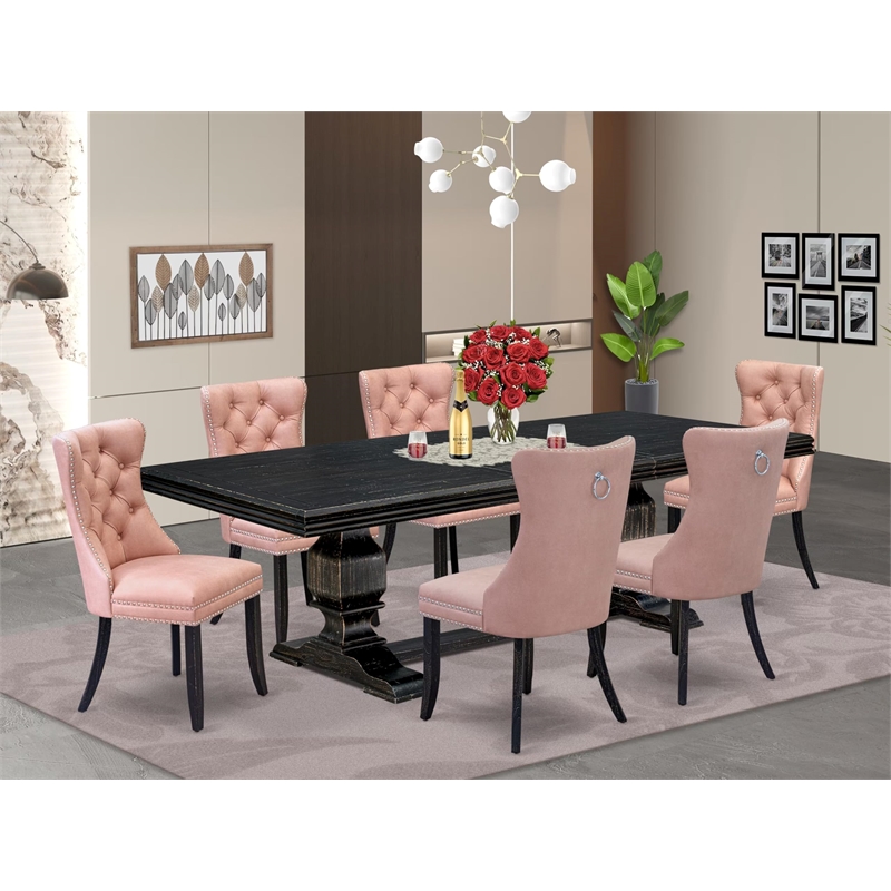 Pemberly Row 7-Piece Dining Set in Black with Faux Leather Upholstery