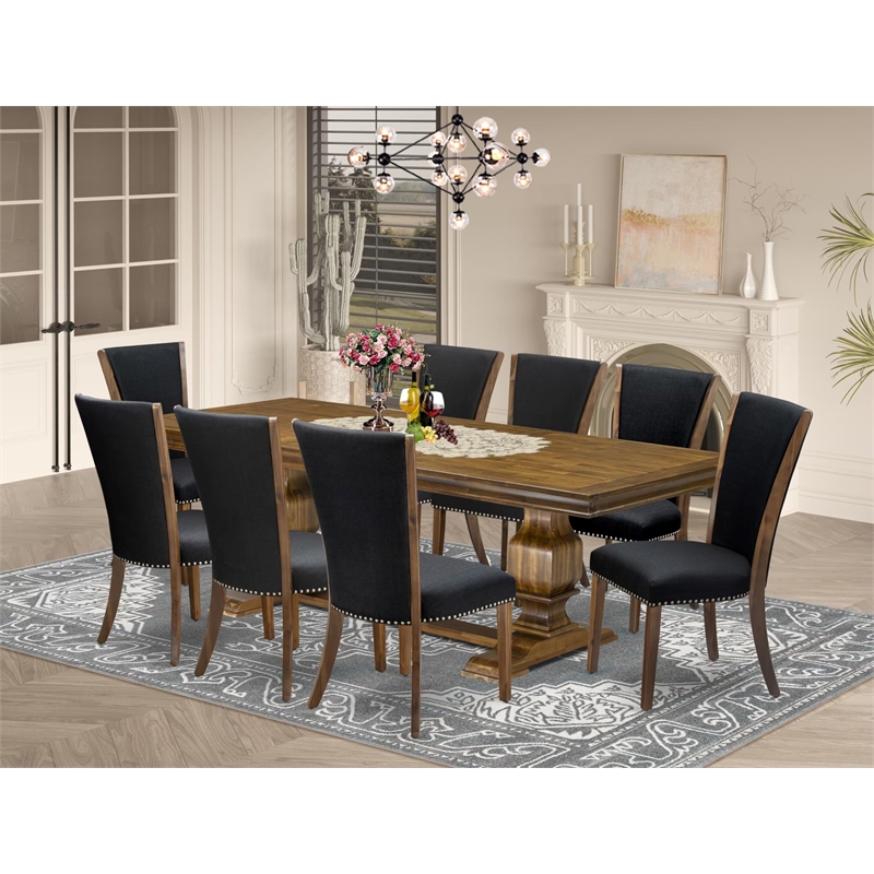 Pemberly Row 9-Piece Dining Table Set Wood Black Linen Upholstery