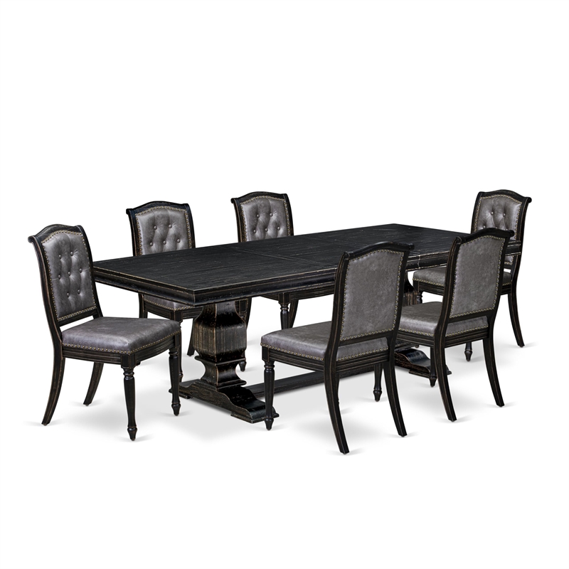 Pemberly Row 7-Piece Dining Table Set Black Finish Acacia Wood