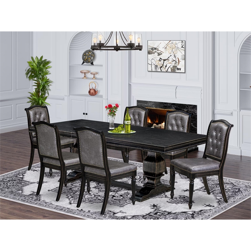 Pemberly Row 7-Piece Dining Table Set Black Finish Acacia Wood