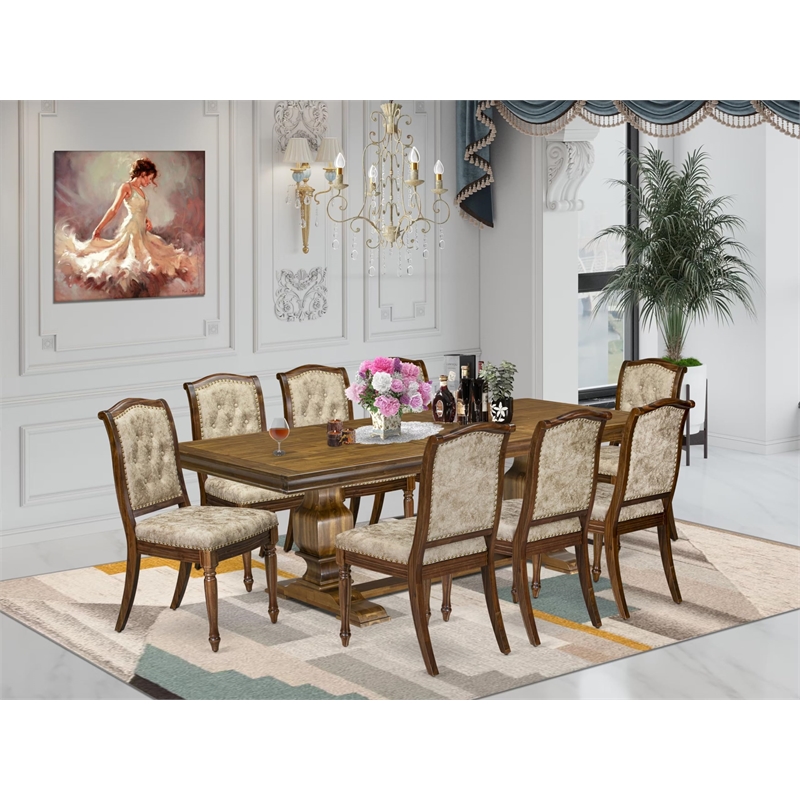 Pemberly Row 9-Piece Dining Table Set with Walnut Finish and PU Leather Chairs
