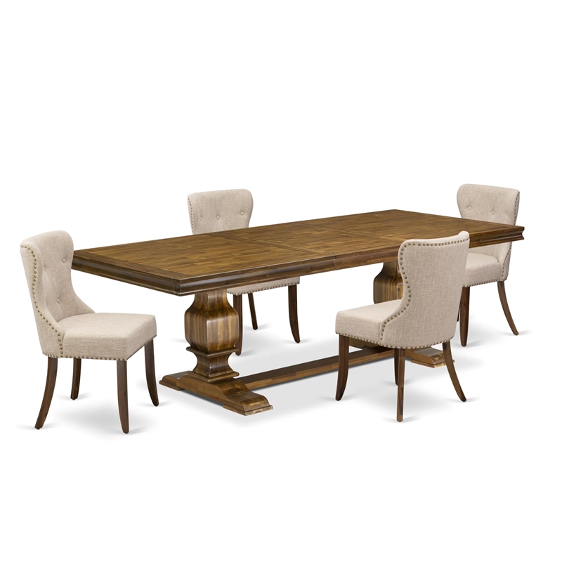 Pemberly Row 5-Piece Walnut Mid-Century Dining Set with Linen Fabric Chairs