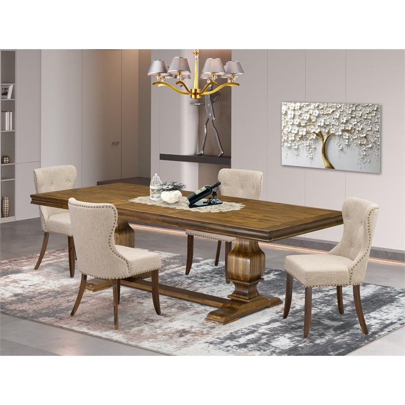 Pemberly Row 5-Piece Walnut Mid-Century Dining Set with Linen Fabric Chairs