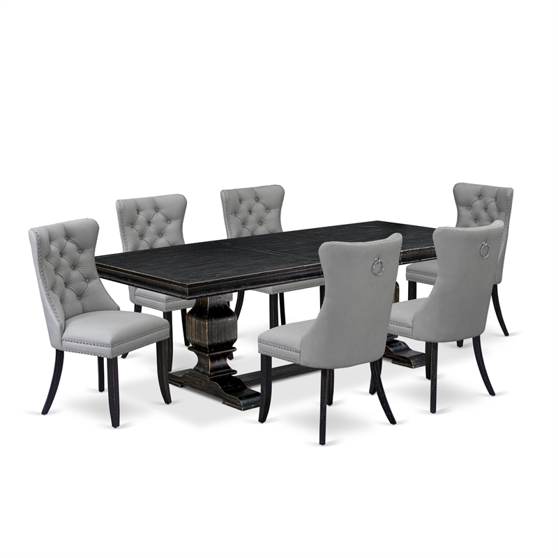 Pemberly Row 7-Piece Dining Set with Black Finish and Light Gray Seating