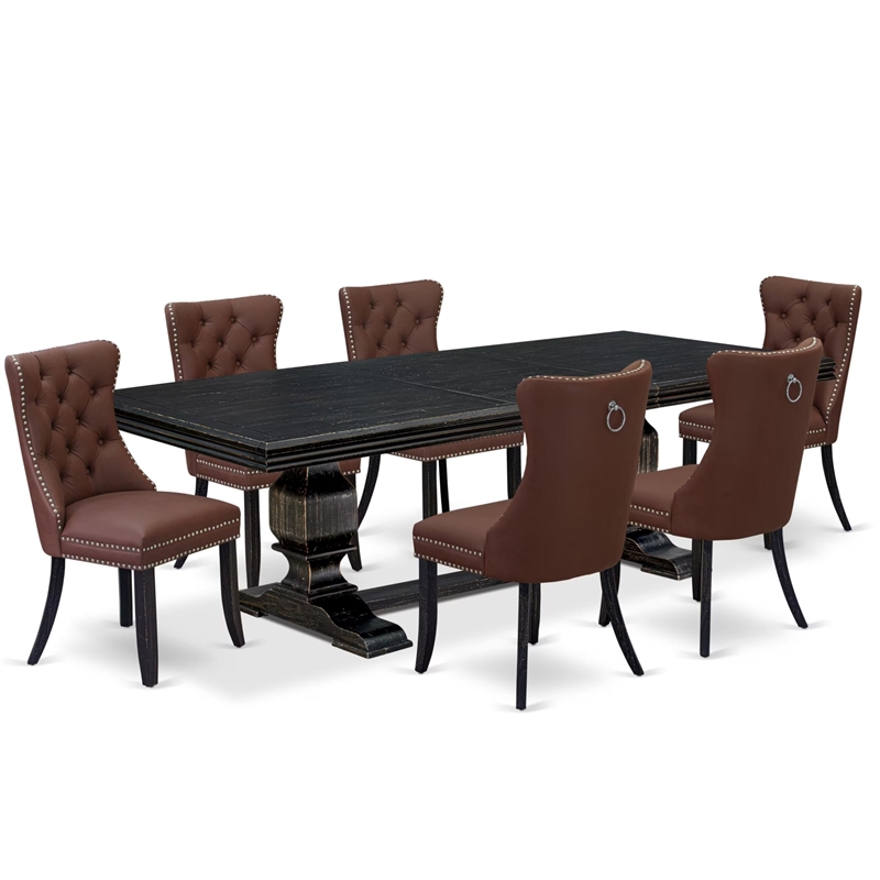 Pemberly Row 7-Piece Dining Table Set with Black Finish and Faux Leather