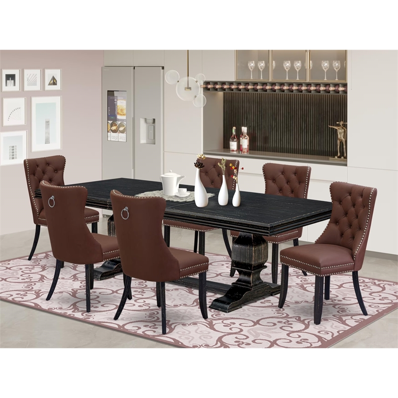 Pemberly Row 7-Piece Dining Table Set with Black Finish and Faux Leather