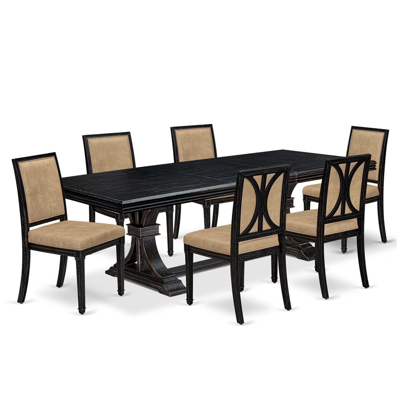 Pemberly Row 7-Piece Dining Set with Black Finish and PU Leather Upholstery