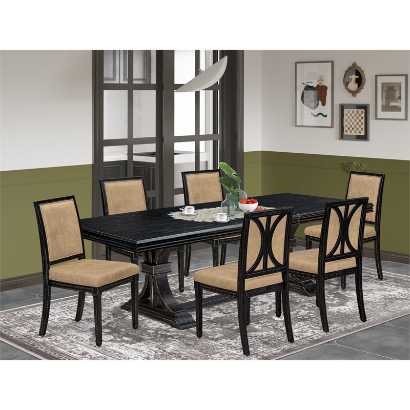 Pemberly Row 7-Piece Dining Set with Black Finish and PU Leather Upholstery