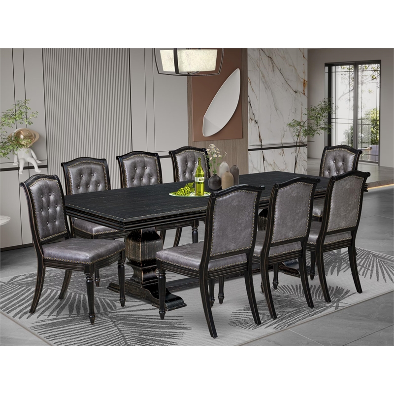 Pemberly Row 9-Piece Dining Table Set in Black Acacia Wood