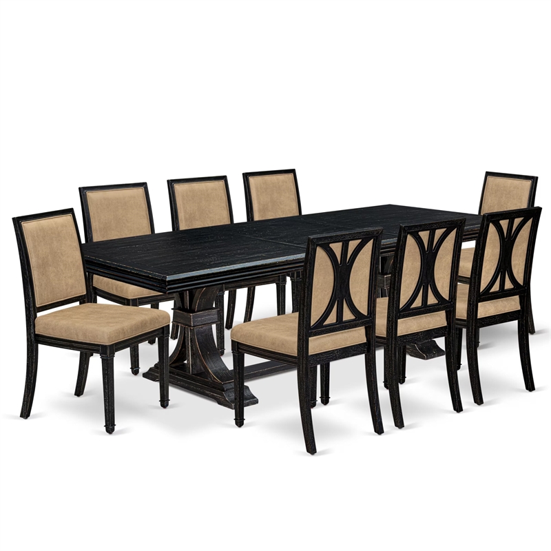 Pemberly Row 9-Piece Dining Table Set in Black Finish with PU Leather Chairs
