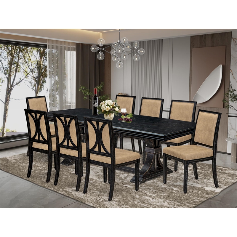 Pemberly Row 9-Piece Dining Table Set in Black Finish with PU Leather Chairs