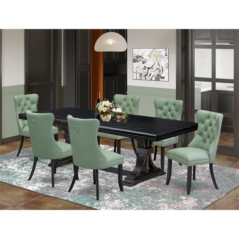 Pemberly Row 7-Piece Dining Set in Black Finish with Faux Leather Chairs