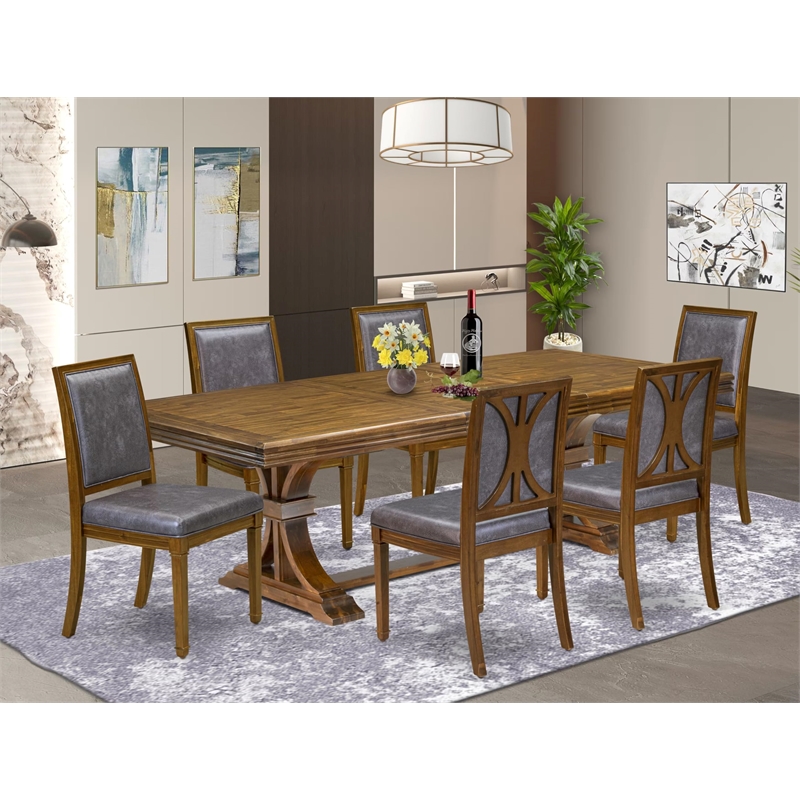 Pemberly Row 7-Piece Dining Table Set in Walnut Finish with PU Leather Seats
