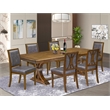 Pemberly Row 7-Piece Dining Table Set in Walnut Finish with PU Leather Seats