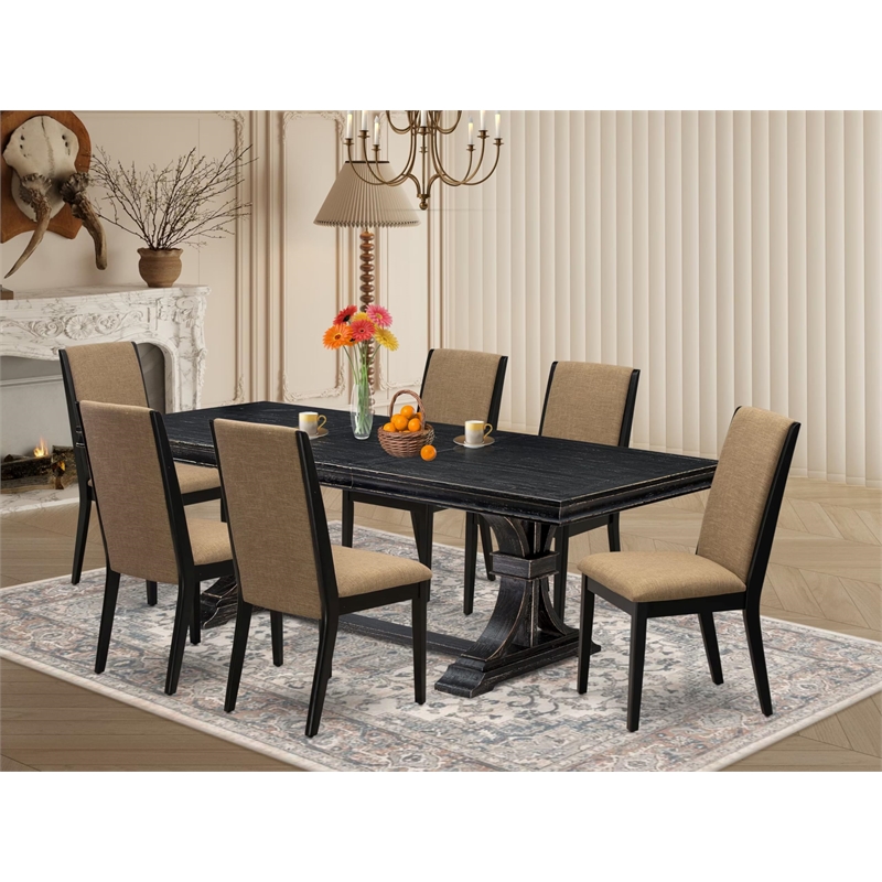 Pemberly Row 7-Pc Mid-Century Dining Table Set in Black Finish