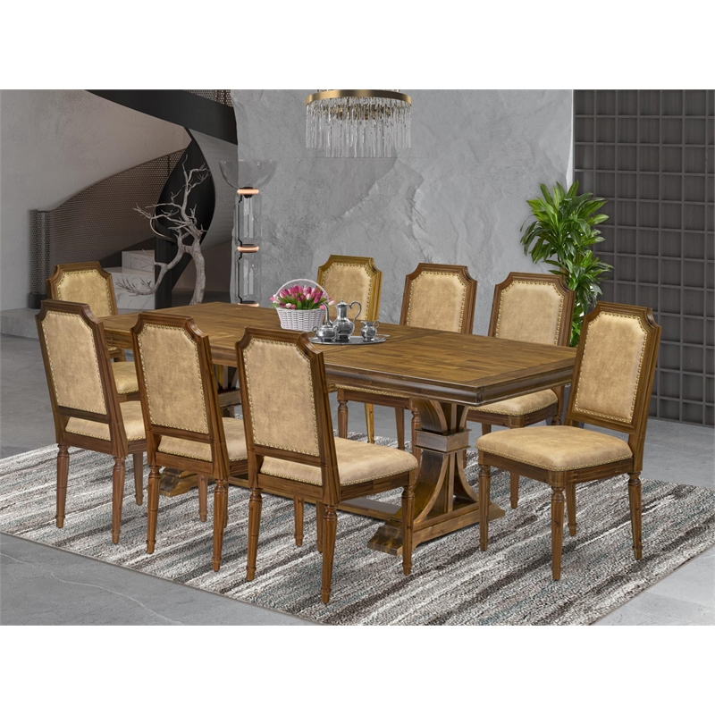 Pemberly Row 9-Piece Dining Table Set in Walnut Finish