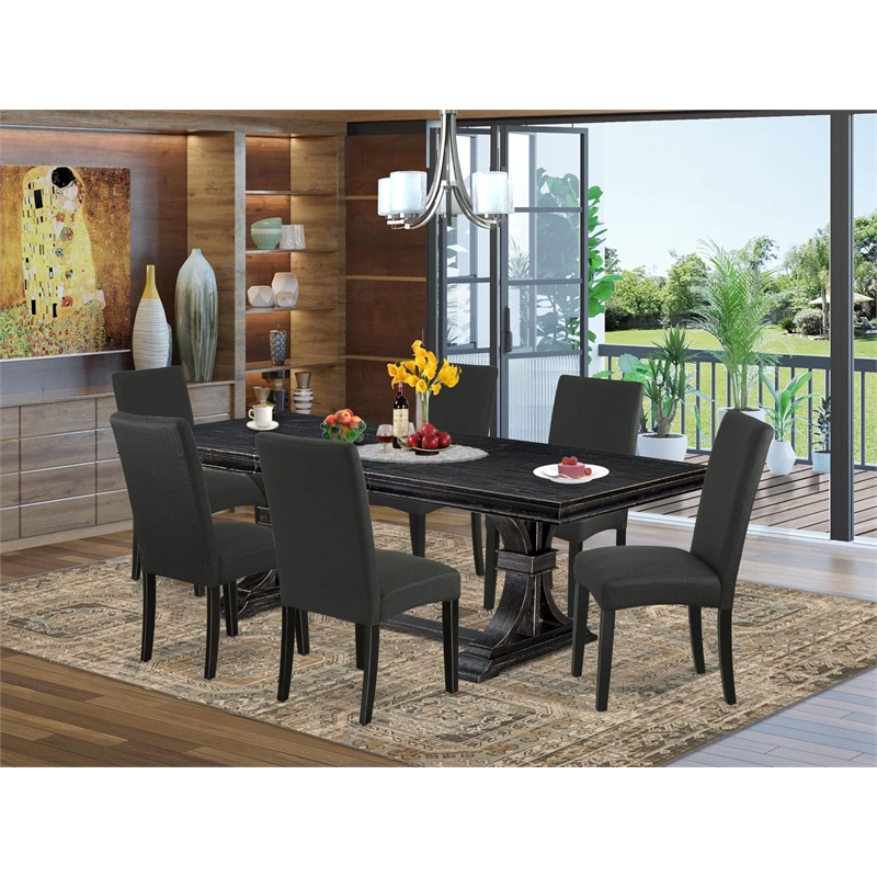 Pemberly Row 7-Piece Kitchen Table Set with Wood in Black Finish