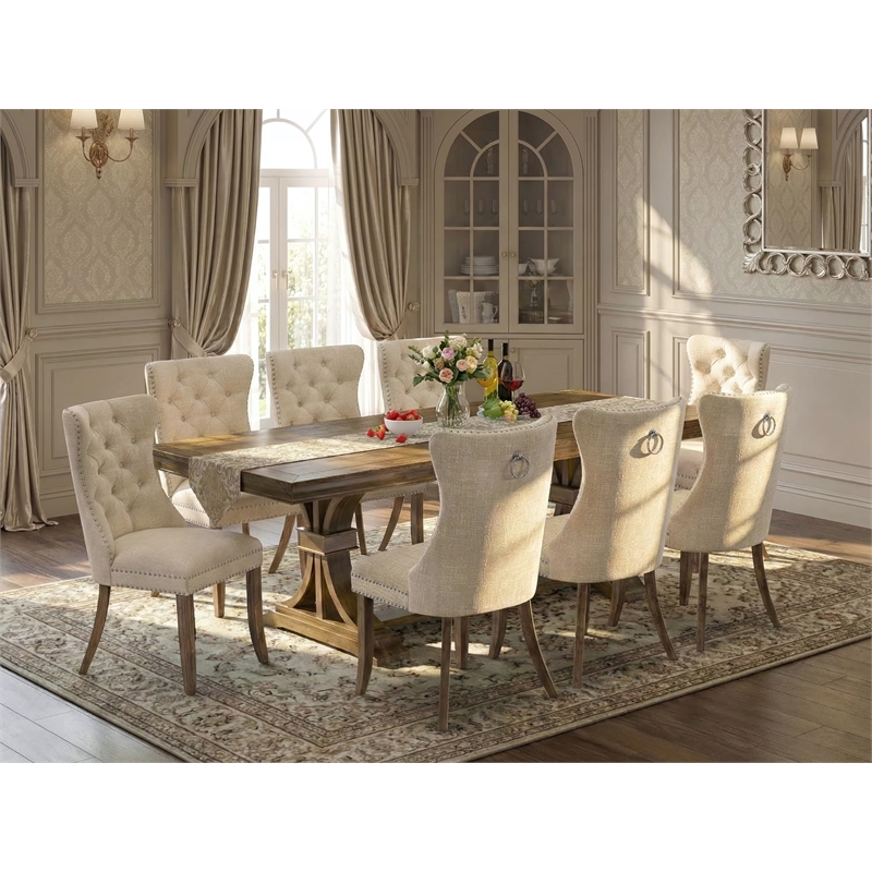 Pemberly Row 9-Piece Acacia Wood Dining Set in Walnut Finish with Linen Chairs