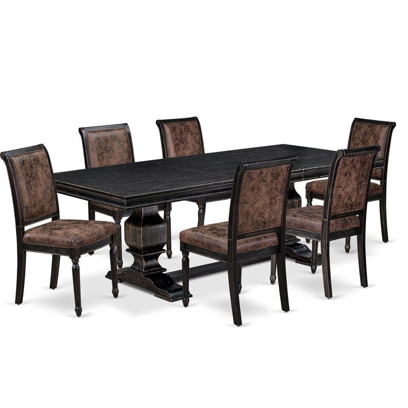Pemberly Row 7-Piece Wood Dining Table Set in Black Finish with Leather Chairs