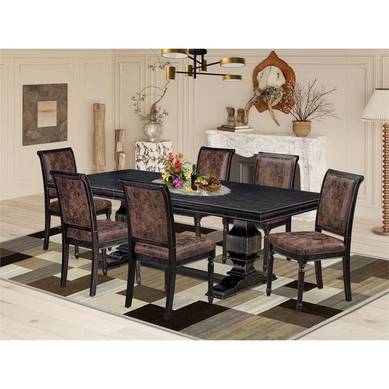 Pemberly Row 7-Piece Wood Dining Table Set in Black Finish with Leather Chairs