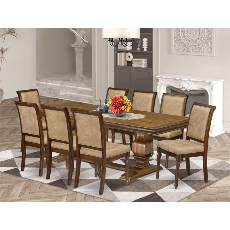Pemberly Row 9-Piece Dining Table Set in Walnut Finish with Leather Chairs